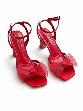 BCBGeneration Red Satin Bow Ankle-Strap Block Heels
